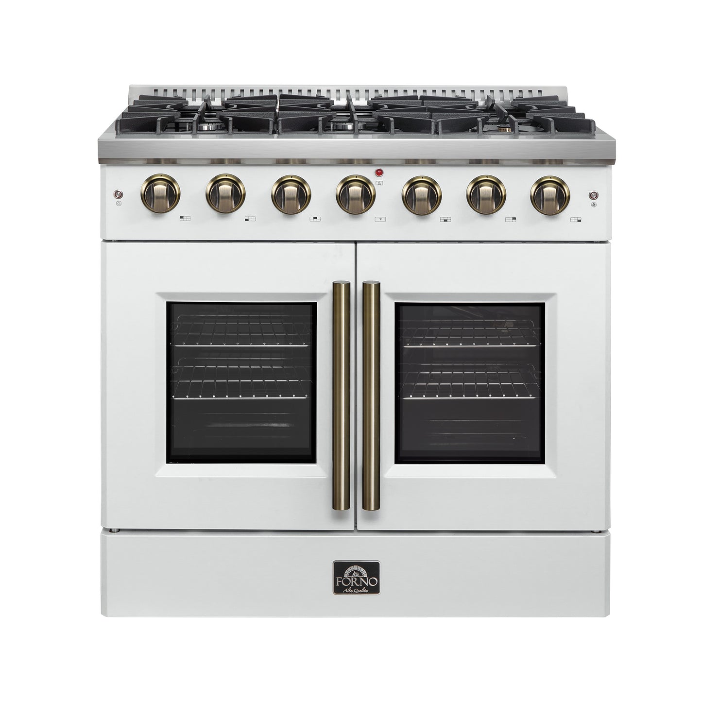Cocina a gas Forno Galiano de 36 pulgadas con puerta francesa, diseño en blanco y latón antiguo, 6 quemadores sellados, 83,000 BTU, horno de convección de 5.36 pies cúbicos