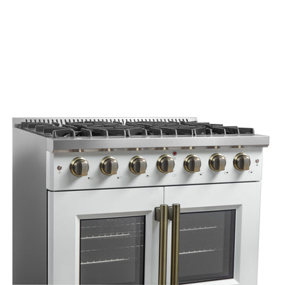 Cocina a gas Forno Galiano de 36 pulgadas con puerta francesa, diseño en blanco y latón antiguo, 6 quemadores sellados, 83,000 BTU, horno de convección de 5.36 pies cúbicos