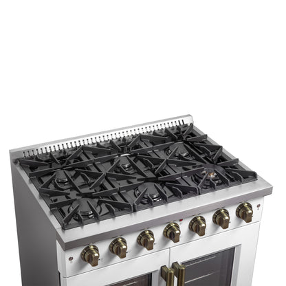 Cocina a gas Forno Galiano de 36 pulgadas con puerta francesa, diseño en blanco y latón antiguo, 6 quemadores sellados, 83,000 BTU, horno de convección de 5.36 pies cúbicos