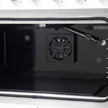 Cocina a gas Forno Galiano de 36 pulgadas con puerta francesa, diseño en blanco y latón antiguo, 6 quemadores sellados, 83,000 BTU, horno de convección de 5.36 pies cúbicos