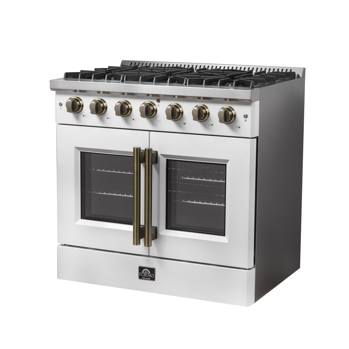 Cocina a gas Forno Galiano de 36 pulgadas con puerta francesa, diseño en blanco y latón antiguo, 6 quemadores sellados, 83,000 BTU, horno de convección de 5.36 pies cúbicos