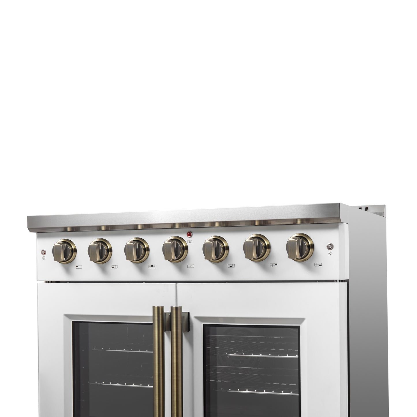 Cocina a gas Forno Galiano de 36 pulgadas con puerta francesa, diseño en blanco y latón antiguo, 6 quemadores sellados, 83,000 BTU, horno de convección de 5.36 pies cúbicos