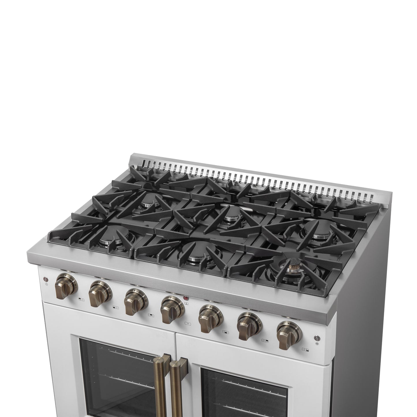 Cocina a gas Forno Galiano de 36 pulgadas con puerta francesa, diseño en blanco y latón antiguo, 6 quemadores sellados, 83,000 BTU, horno de convección de 5.36 pies cúbicos