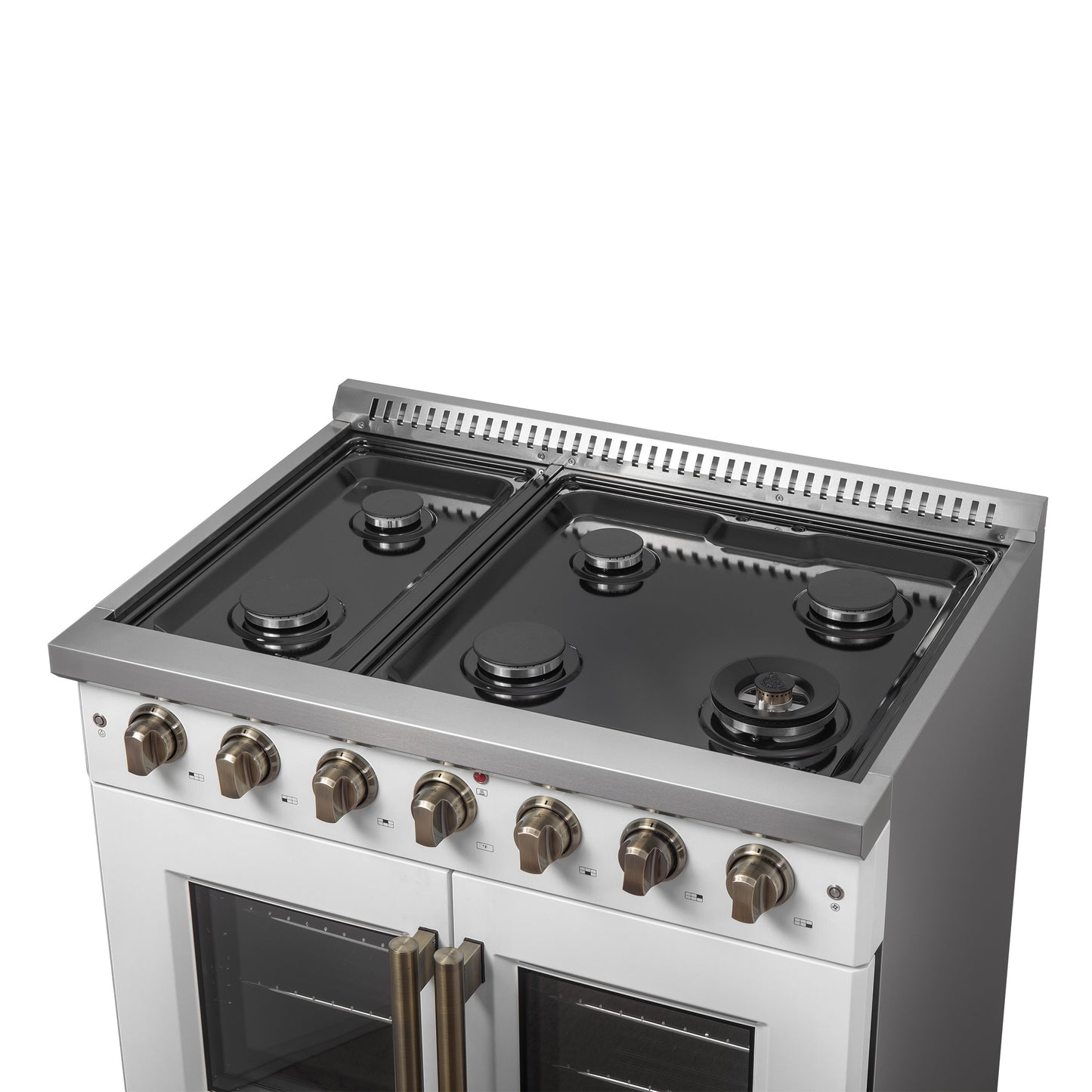 Cocina a gas Forno Galiano de 36 pulgadas con puerta francesa, diseño en blanco y latón antiguo, 6 quemadores sellados, 83,000 BTU, horno de convección de 5.36 pies cúbicos