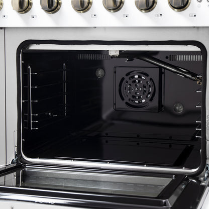 Cuisinière à gaz autonome à portes françaises Forno Galiano de 48 pouces, blanc et laiton antique