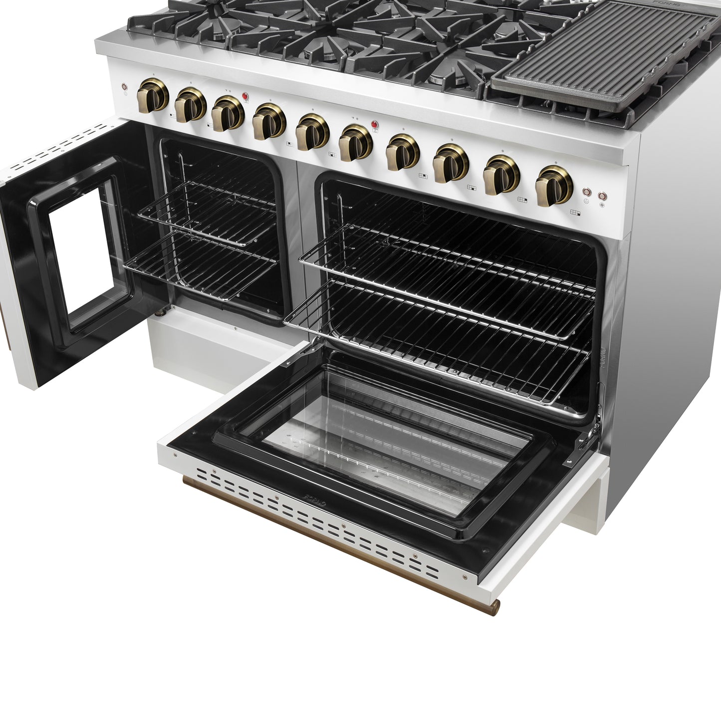 Cuisinière à gaz autonome à portes françaises Forno Galiano de 48 pouces, blanc et laiton antique