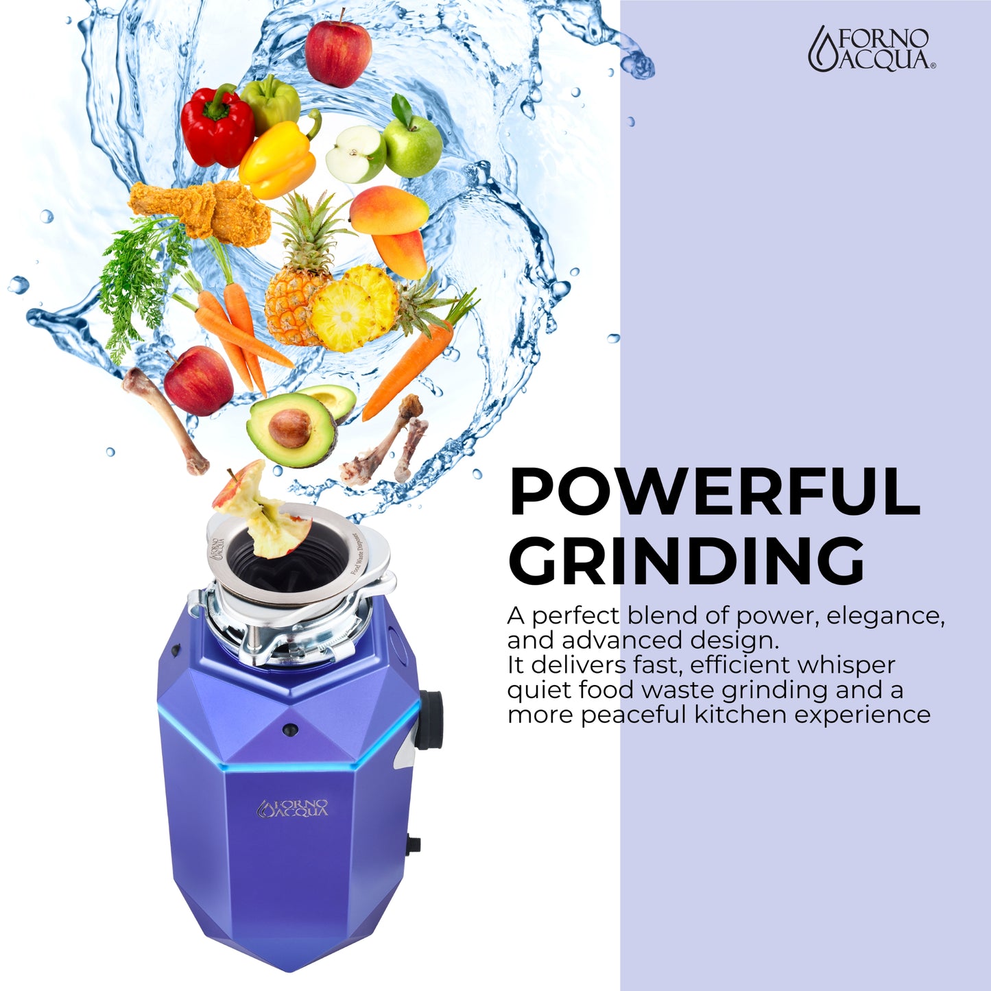 Triturador de basura ultra silencioso FORNO ACQUA BrightDIAMOND Amethyst de 3/4 HP con cable, sensor de movimiento, luz de gabinete e interruptor de aire precableado