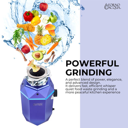 Triturador de basura ultra silencioso FORNO ACQUA BrightDIAMOND Amethyst de 3/4 HP con cable, sensor de movimiento, luz de gabinete e interruptor de aire precableado