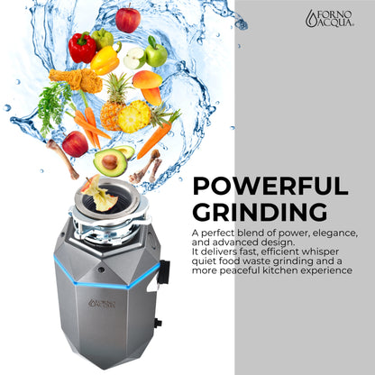 Triturador de basura ultra silencioso FORNO ACQUA BrightDIAMOND Black Onyx de 3/4 HP con cable, sensor de movimiento, luz de gabinete e interruptor de aire precableado