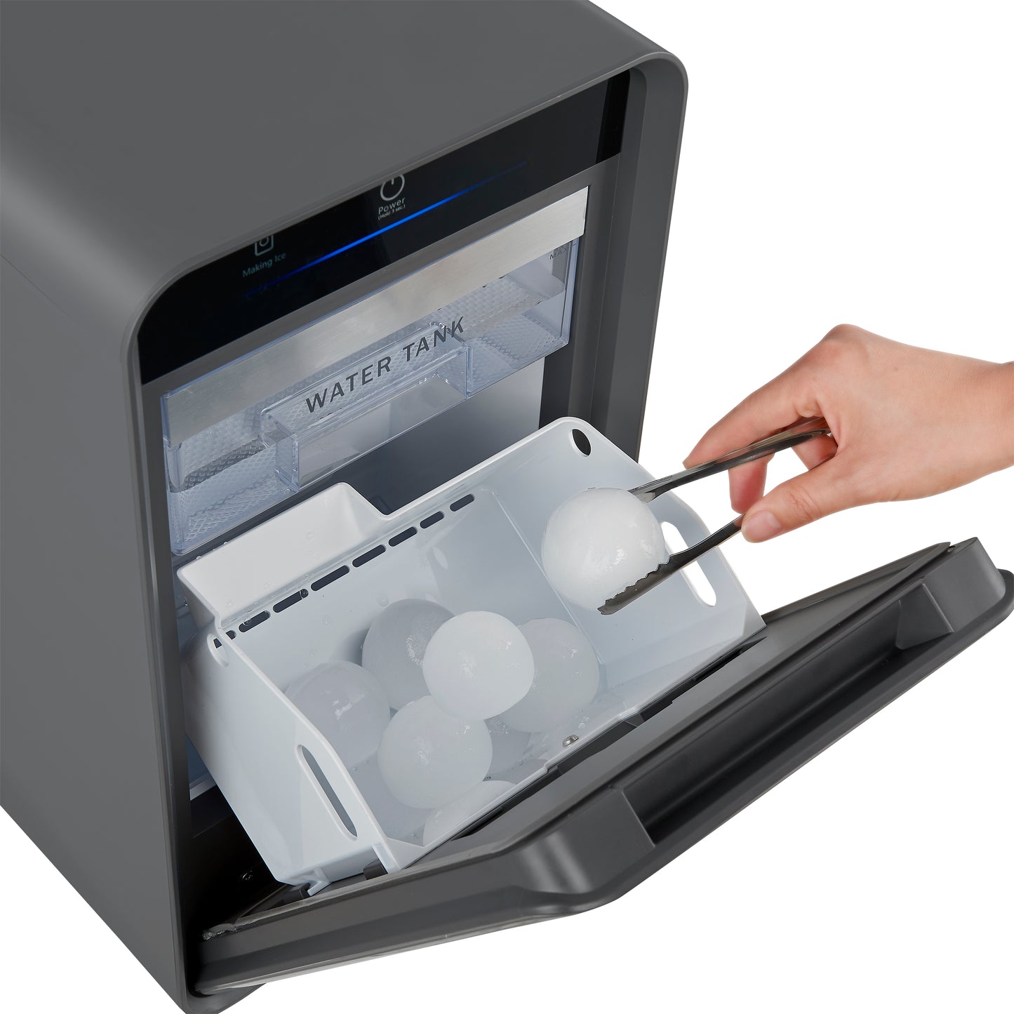 Sferico máquina de hielo de 11 pulgadas, plateada, 32 esferas claras de 2 pulgadas de fusión lenta diarias, almacena más de 10 bolas