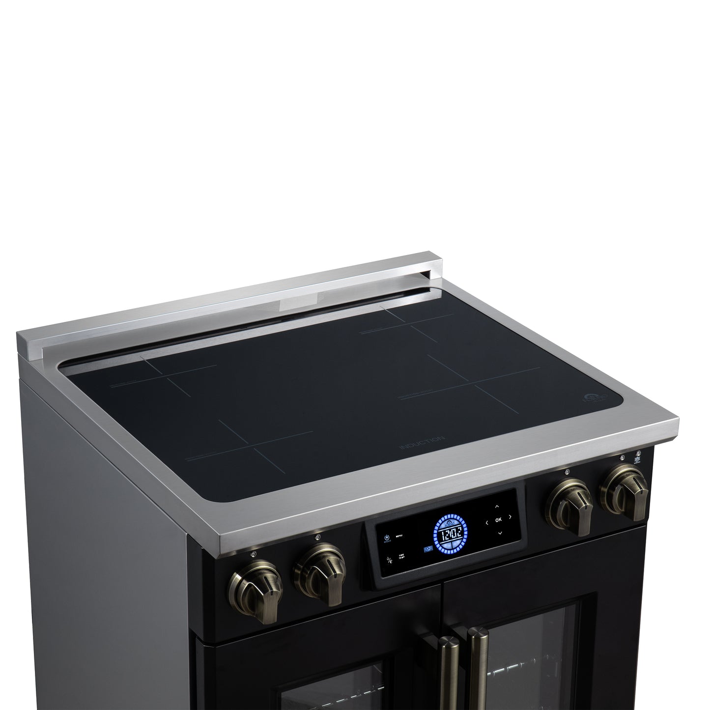Maximus 30-Inch Induction range, French Door, 4 Cooking Zones, 4.32 cf. Convection Oven, Air Sous Vide, Air Fry Basket, Black - Forno Appliances