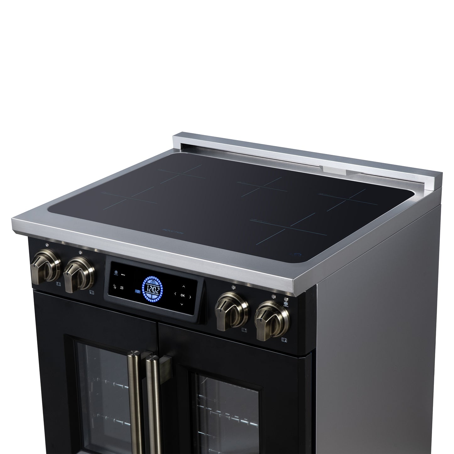 Maximus 30-Inch Induction range, French Door, 4 Cooking Zones, 4.32 cf. Convection Oven, Air Sous Vide, Air Fry Basket, Black - Forno Appliances