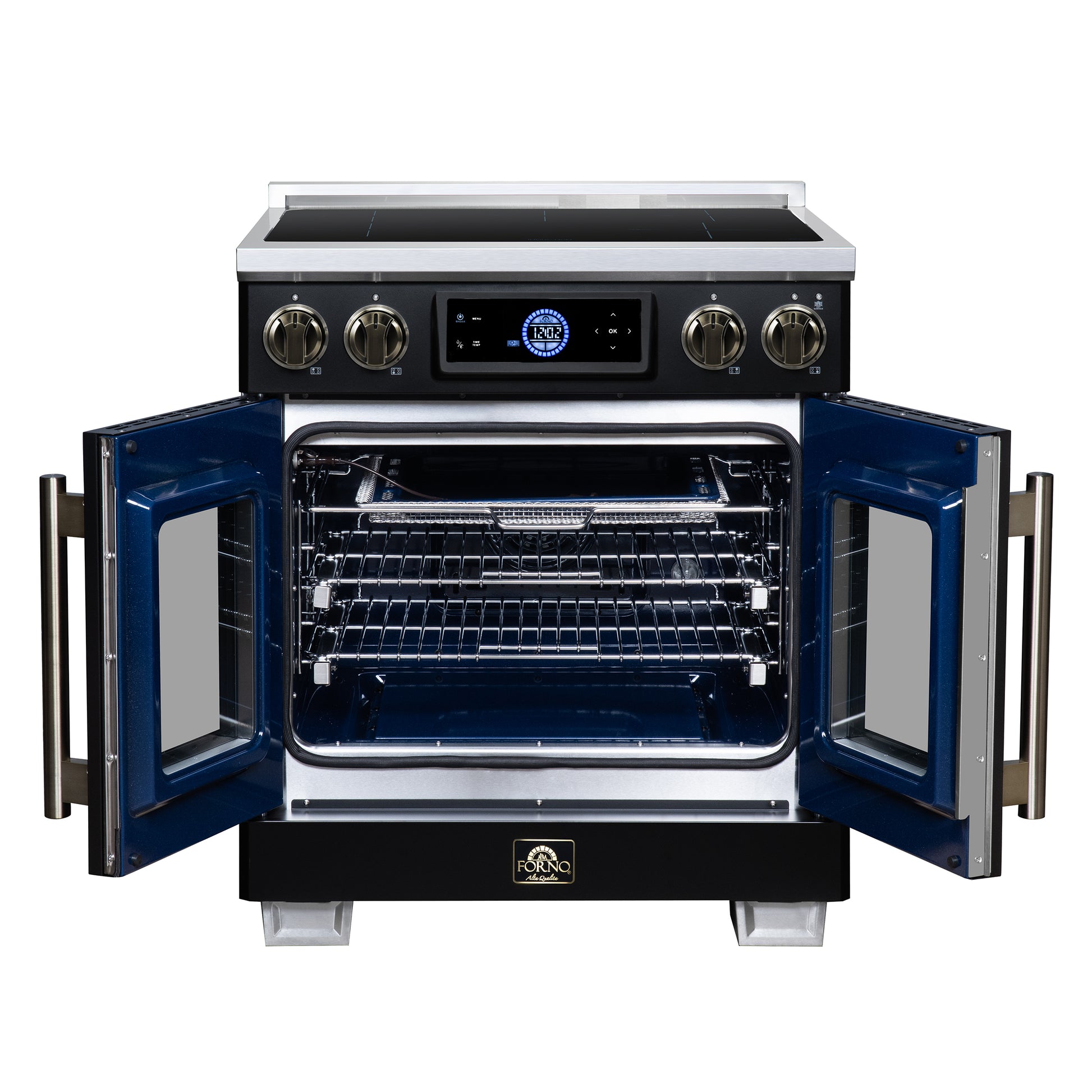 Maximus 30-Inch Induction range, French Door, 4 Cooking Zones, 4.32 cf. Convection Oven, Air Sous Vide, Air Fry Basket, Black - Forno Appliances