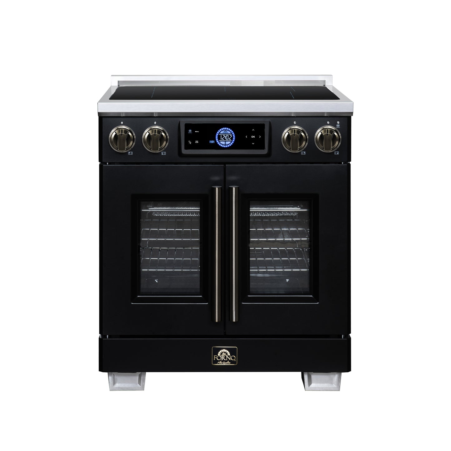 Maximus 30-Inch Induction range, French Door, 4 Cooking Zones, 4.32 cf. Convection Oven, Air Sous Vide, Air Fry Basket, Black - Forno Appliances