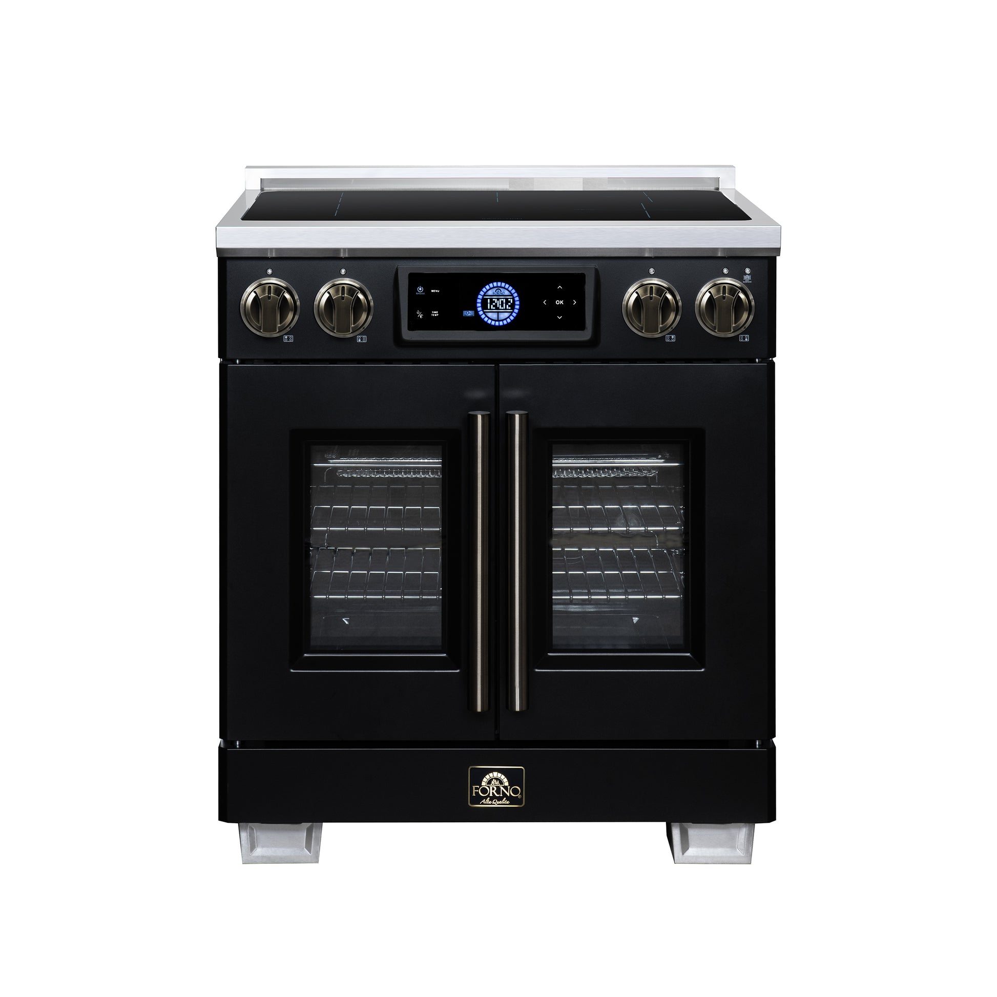 Maximus 30-Inch Induction range, French Door, 4 Cooking Zones, 4.32 cf. Convection Oven, Air Sous Vide, Air Fry Basket, Black - Forno Appliances