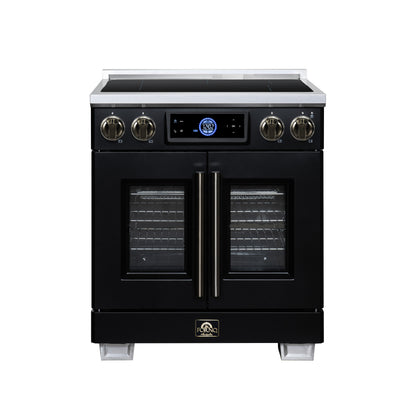 Maximus 30-Inch Induction range, French Door, 4 Cooking Zones, 4.32 cf. Convection Oven, Air Sous Vide, Air Fry Basket, Black - Forno Appliances