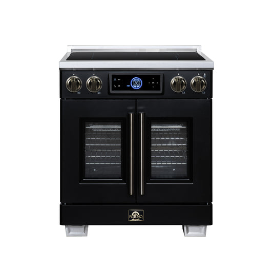 Maximus 30-Inch Induction range, French Door, 4 Cooking Zones, 4.32 cf. Convection Oven, Air Sous Vide, Air Fry Basket, Black - Forno Appliances