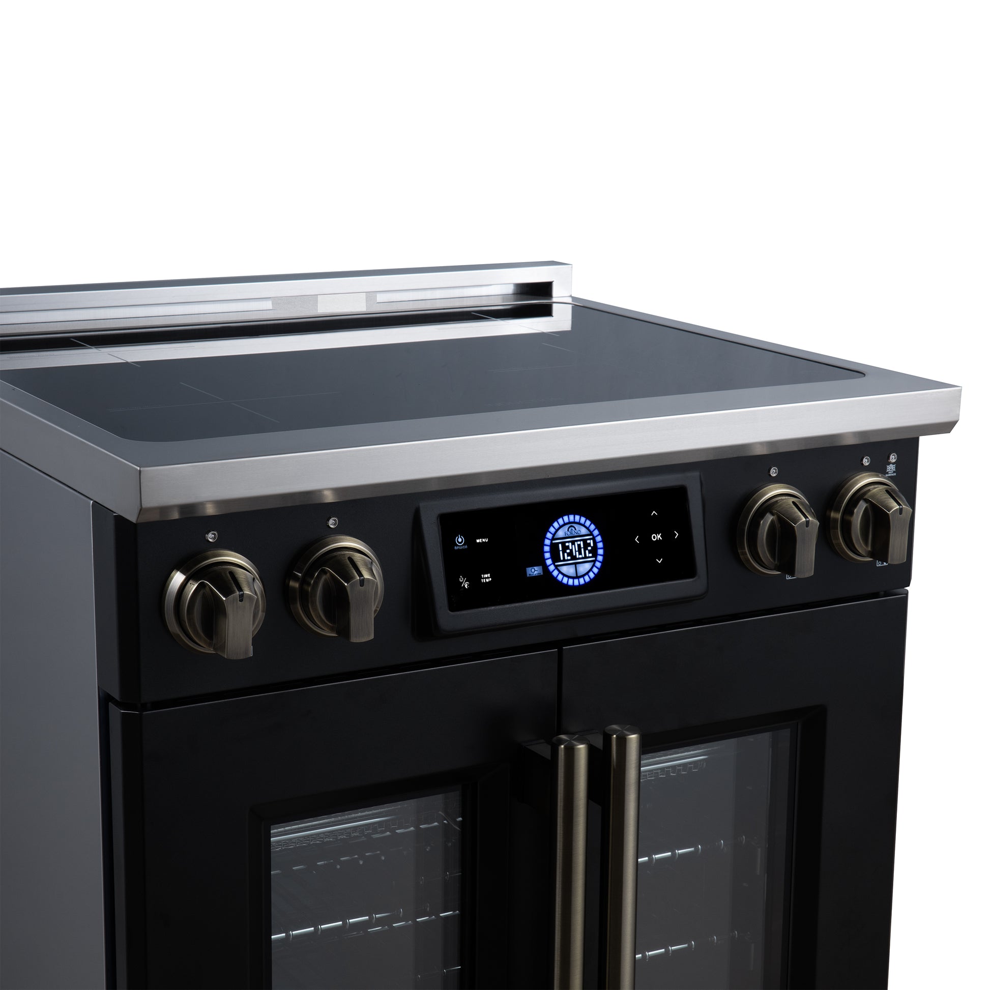 Maximus 30-Inch Induction range, French Door, 4 Cooking Zones, 4.32 cf. Convection Oven, Air Sous Vide, Air Fry Basket, Black - Forno Appliances