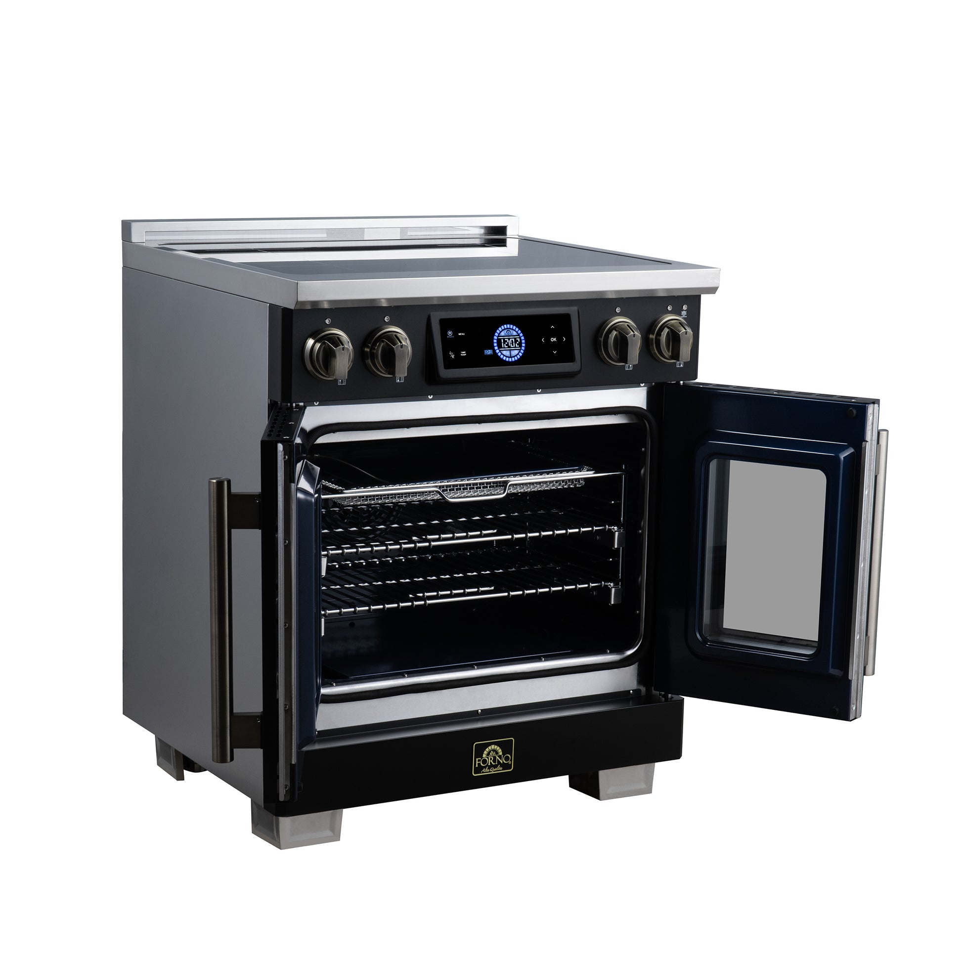 Maximus 30-Inch Induction range, French Door, 4 Cooking Zones, 4.32 cf. Convection Oven, Air Sous Vide, Air Fry Basket, Black - Forno Appliances