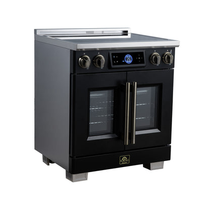 Maximus 30-Inch Induction range, French Door, 4 Cooking Zones, 4.32 cf. Convection Oven, Air Sous Vide, Air Fry Basket, Black - Forno Appliances