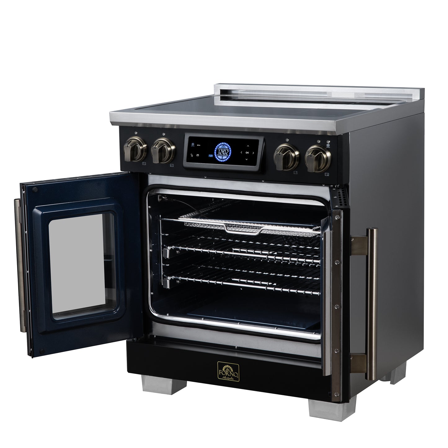 Maximus 30-Inch Induction range, French Door, 4 Cooking Zones, 4.32 cf. Convection Oven, Air Sous Vide, Air Fry Basket, Black - Forno Appliances
