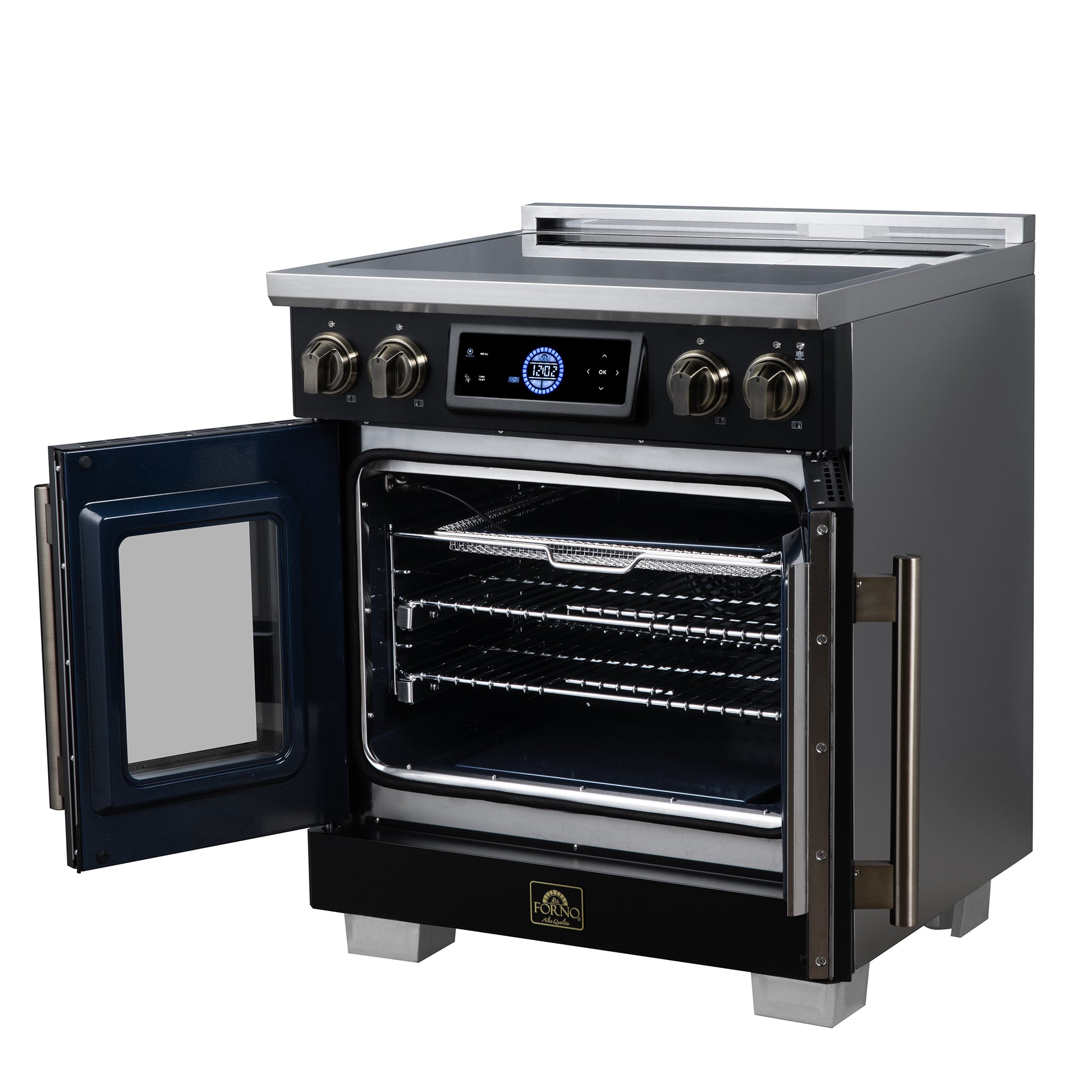Maximus 30-Inch Induction range, French Door, 4 Cooking Zones, 4.32 cf. Convection Oven, Air Sous Vide, Air Fry Basket, Black - Forno Appliances