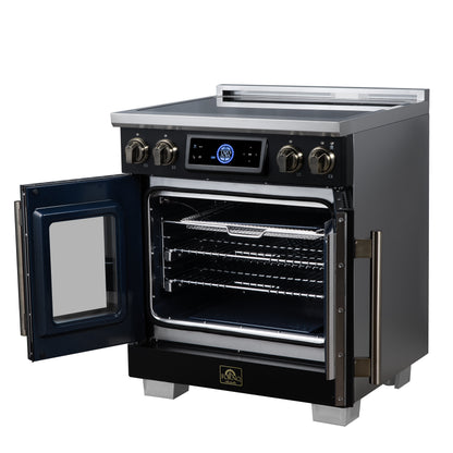 Maximus 30-Inch Induction range, French Door, 4 Cooking Zones, 4.32 cf. Convection Oven, Air Sous Vide, Air Fry Basket, Black - Forno Appliances