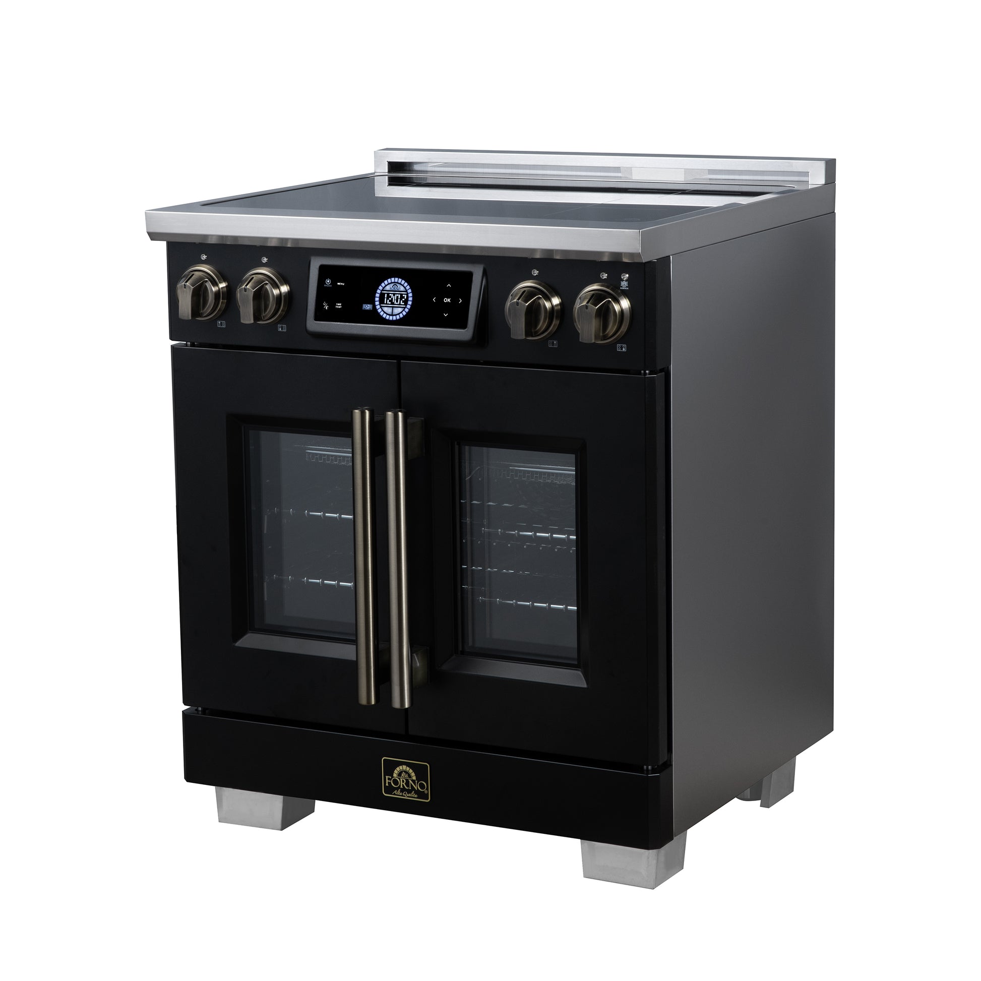 Maximus 30-Inch Induction range, French Door, 4 Cooking Zones, 4.32 cf. Convection Oven, Air Sous Vide, Air Fry Basket, Black - Forno Appliances