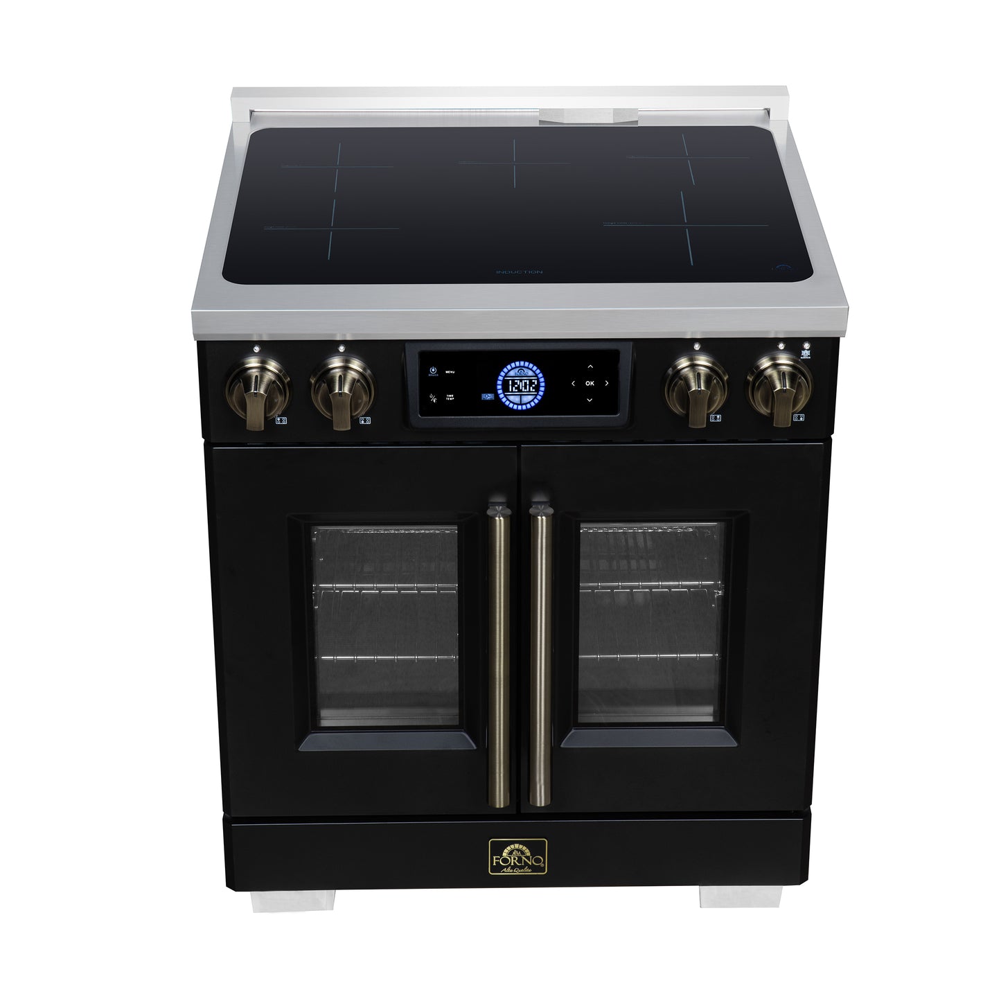 Maximus 30-Inch Induction range, French Door, 4 Cooking Zones, 4.32 cf. Convection Oven, Air Sous Vide, Air Fry Basket, Black - Forno Appliances