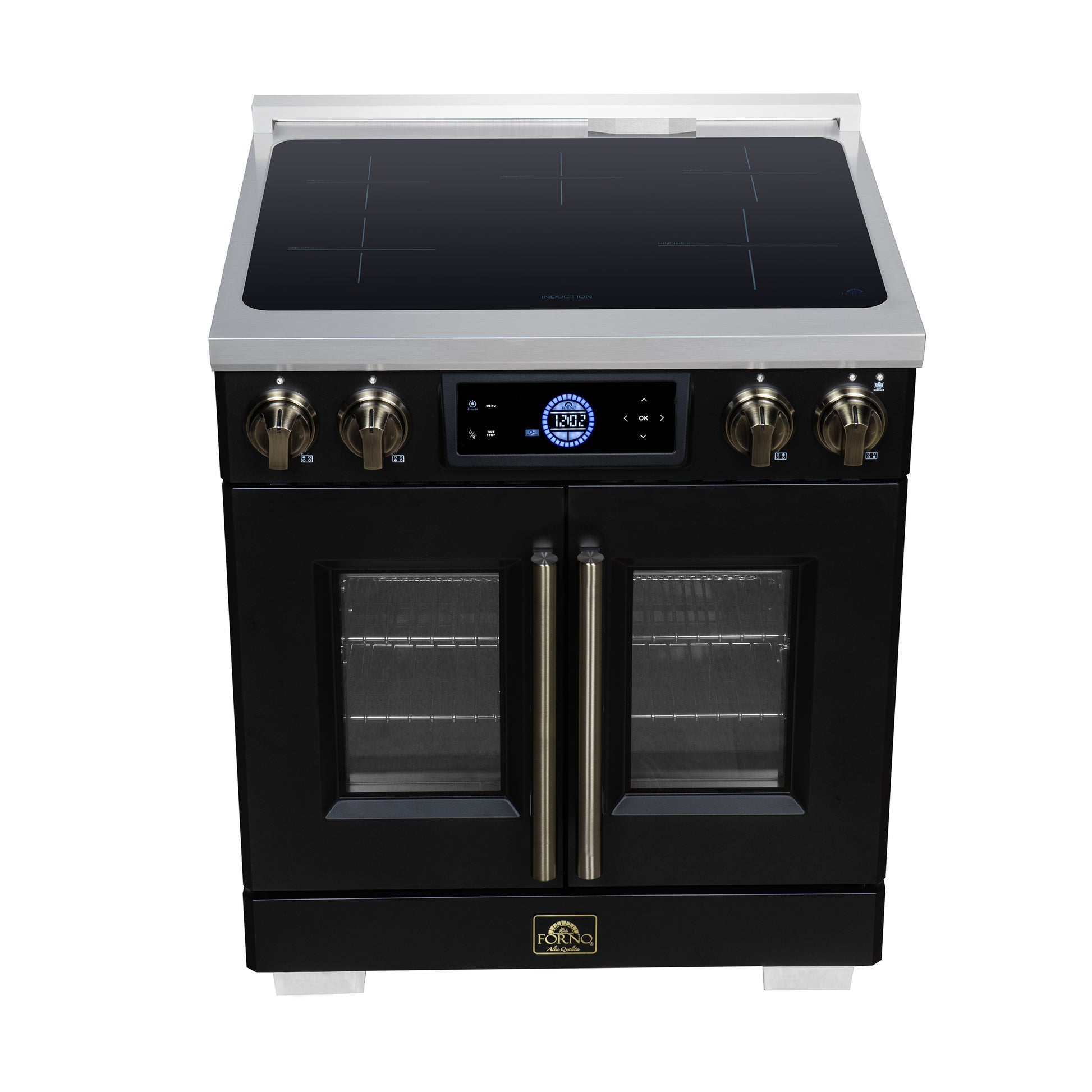 Maximus 30-Inch Induction range, French Door, 4 Cooking Zones, 4.32 cf. Convection Oven, Air Sous Vide, Air Fry Basket, Black - Forno Appliances