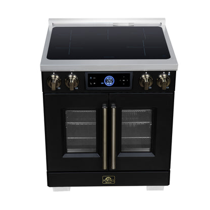 Maximus 30-Inch Induction range, French Door, 4 Cooking Zones, 4.32 cf. Convection Oven, Air Sous Vide, Air Fry Basket, Black - Forno Appliances