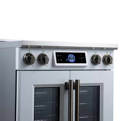 Maximus 30-Inch Induction range, French Door, 4 Cooking Zones, 4.32 cf. Convection Oven, Air Sous Vide, Air Fry Basket, White - Forno Appliances