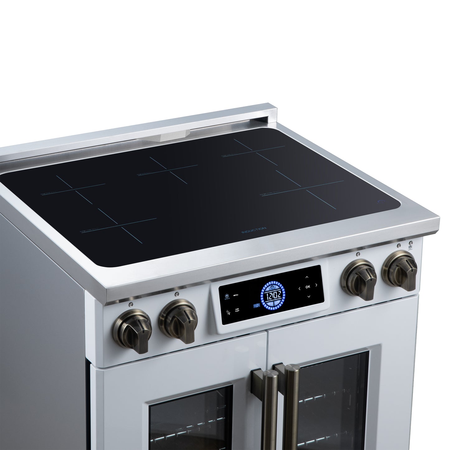Maximus 30-Inch Induction range, French Door, 4 Cooking Zones, 4.32 cf. Convection Oven, Air Sous Vide, Air Fry Basket, White - Forno Appliances