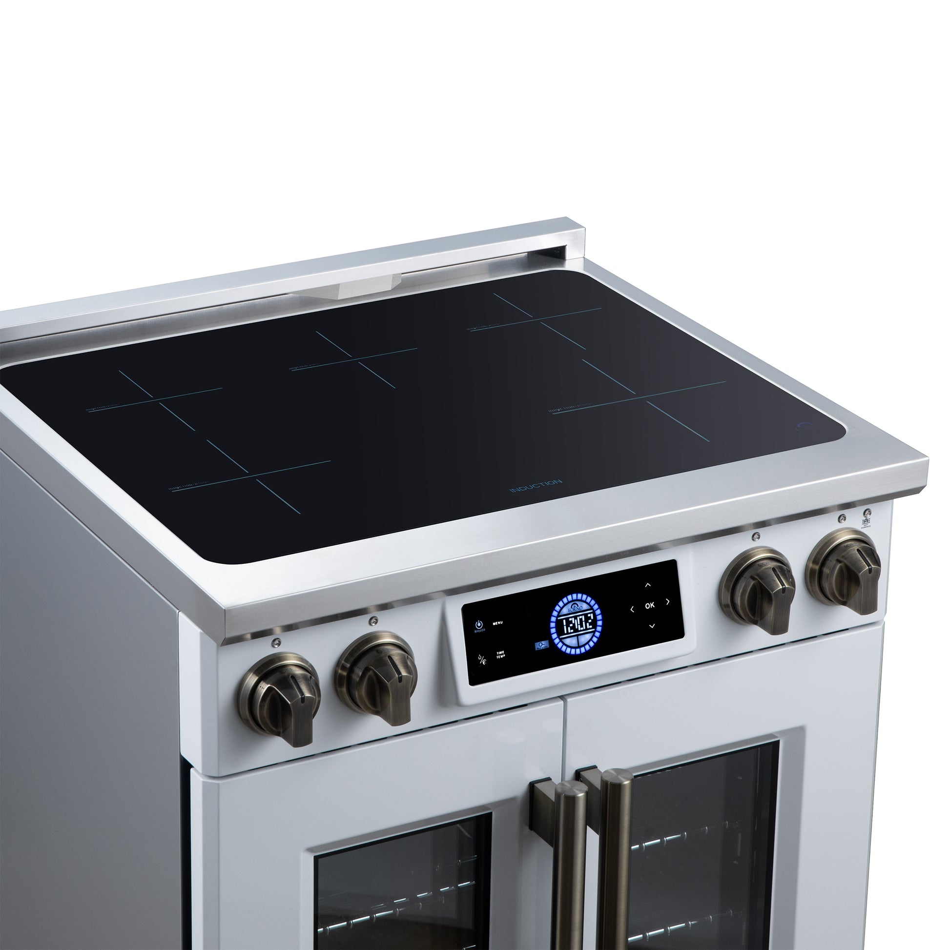 Maximus 30-Inch Induction range, French Door, 4 Cooking Zones, 4.32 cf. Convection Oven, Air Sous Vide, Air Fry Basket, White - Forno Appliances