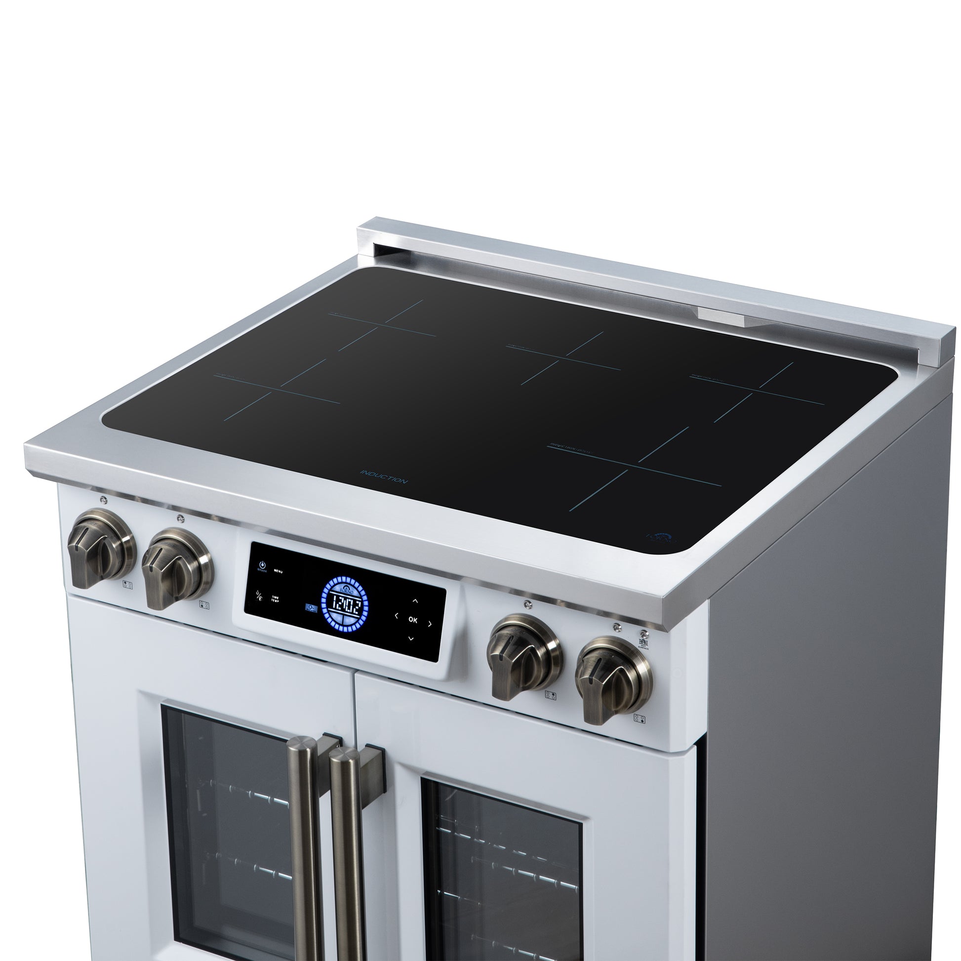 Maximus 30-Inch Induction range, French Door, 4 Cooking Zones, 4.32 cf. Convection Oven, Air Sous Vide, Air Fry Basket, White - Forno Appliances