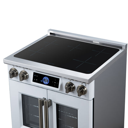 Maximus 30-Inch Induction range, French Door, 4 Cooking Zones, 4.32 cf. Convection Oven, Air Sous Vide, Air Fry Basket, White - Forno Appliances
