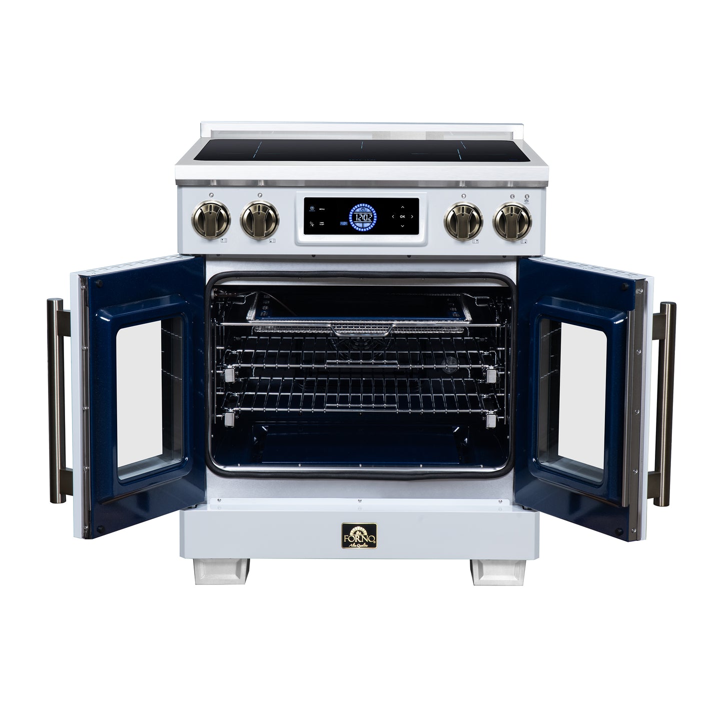 Maximus 30-Inch Induction range, French Door, 4 Cooking Zones, 4.32 cf. Convection Oven, Air Sous Vide, Air Fry Basket, White - Forno Appliances