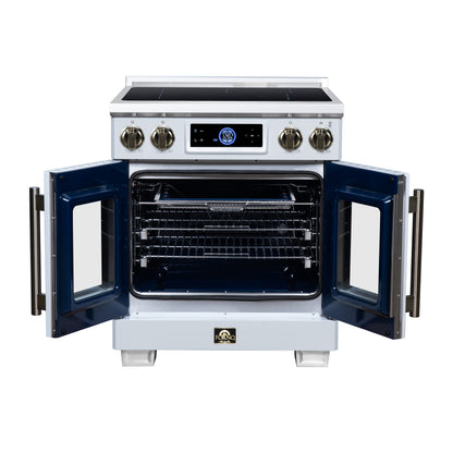 Maximus 30-Inch Induction range, French Door, 4 Cooking Zones, 4.32 cf. Convection Oven, Air Sous Vide, Air Fry Basket, White - Forno Appliances