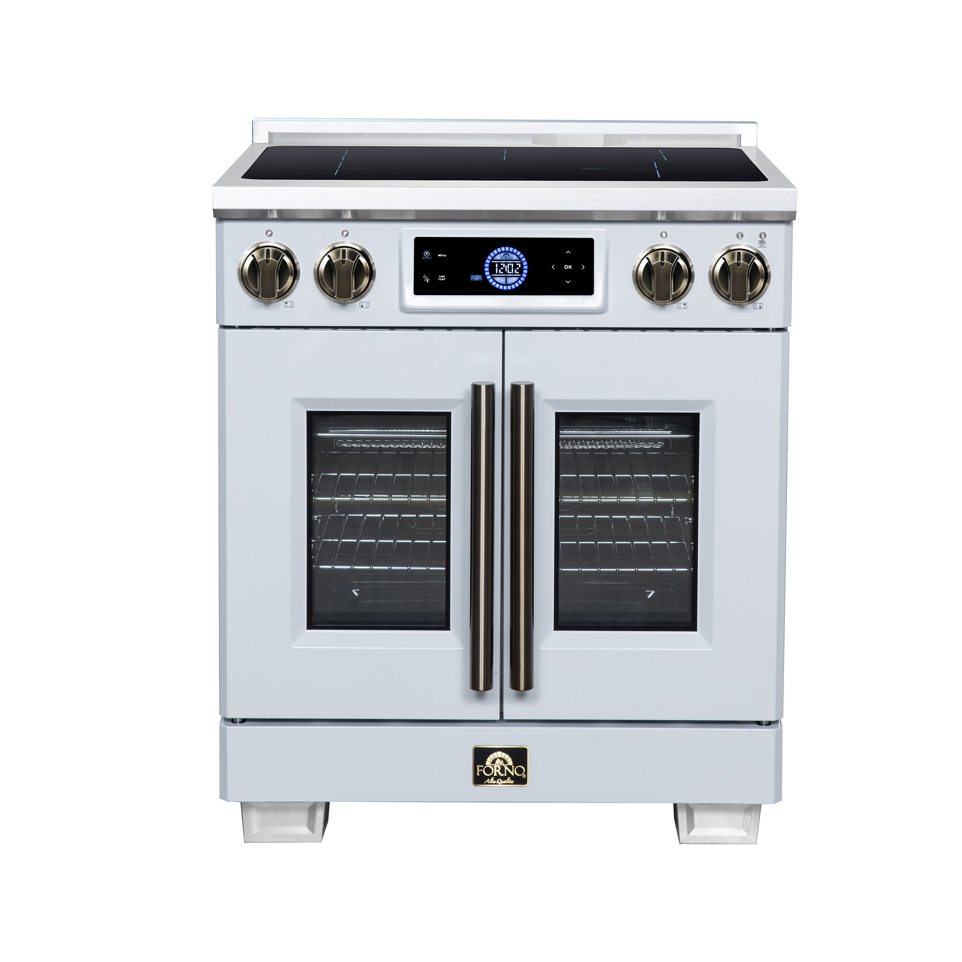 Maximus 30-Inch Induction range, French Door, 4 Cooking Zones, 4.32 cf. Convection Oven, Air Sous Vide, Air Fry Basket, White - Forno Appliances