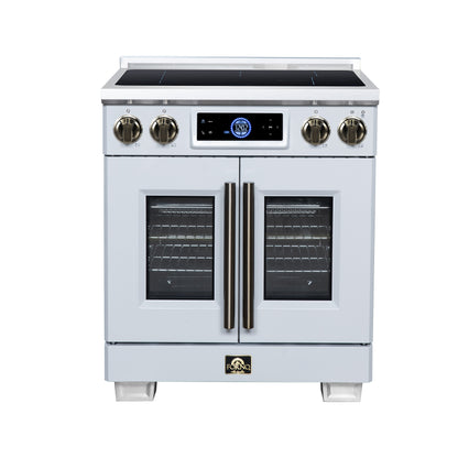 Maximus 30-Inch Induction range, French Door, 4 Cooking Zones, 4.32 cf. Convection Oven, Air Sous Vide, Air Fry Basket, White - Forno Appliances