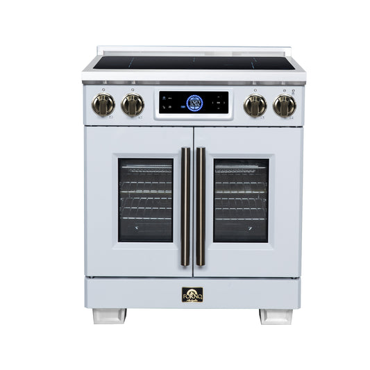 Maximus 30-Inch Induction range, French Door, 4 Cooking Zones, 4.32 cf. Convection Oven, Air Sous Vide, Air Fry Basket, White - Forno Appliances