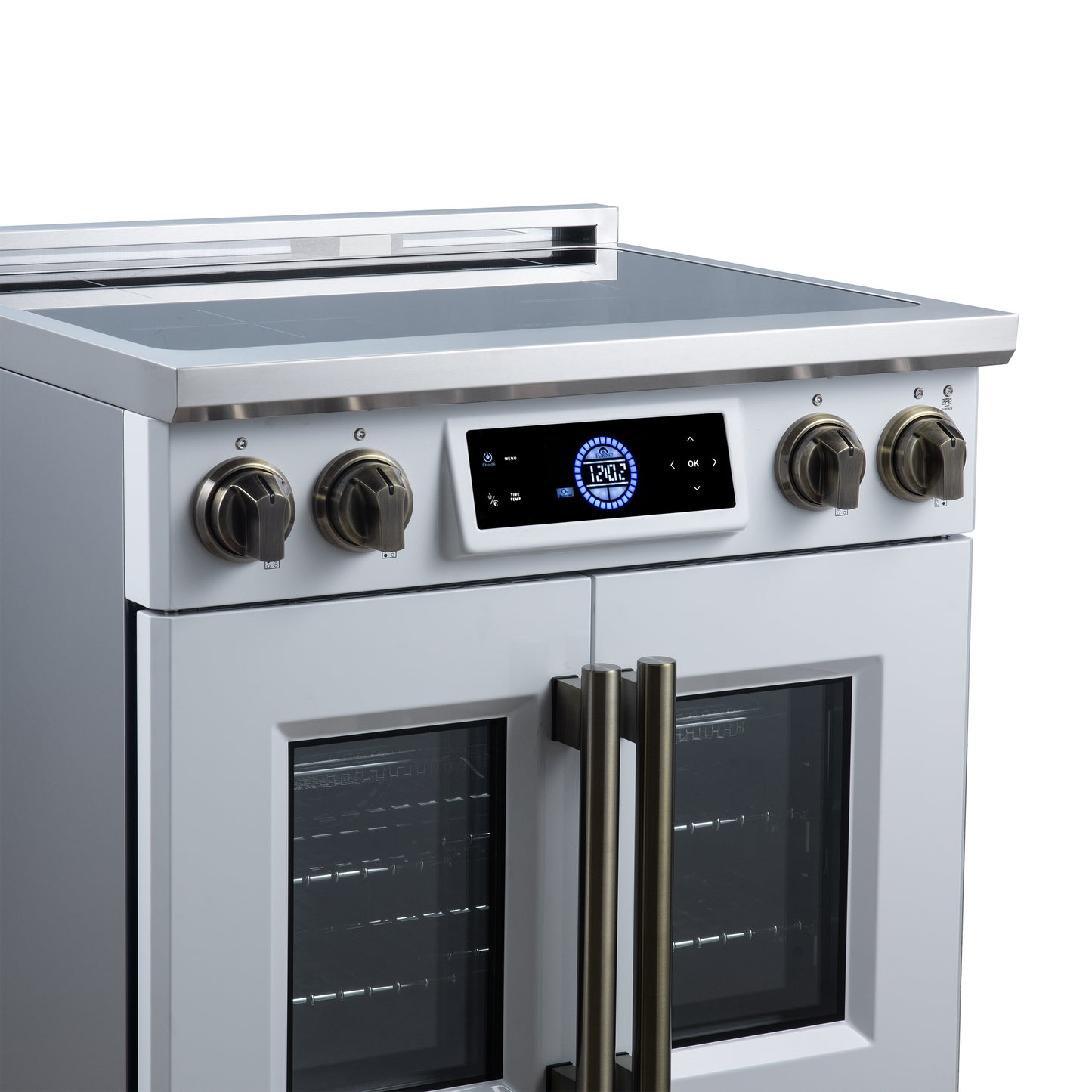 Maximus 30-Inch Induction range, French Door, 4 Cooking Zones, 4.32 cf. Convection Oven, Air Sous Vide, Air Fry Basket, White - Forno Appliances
