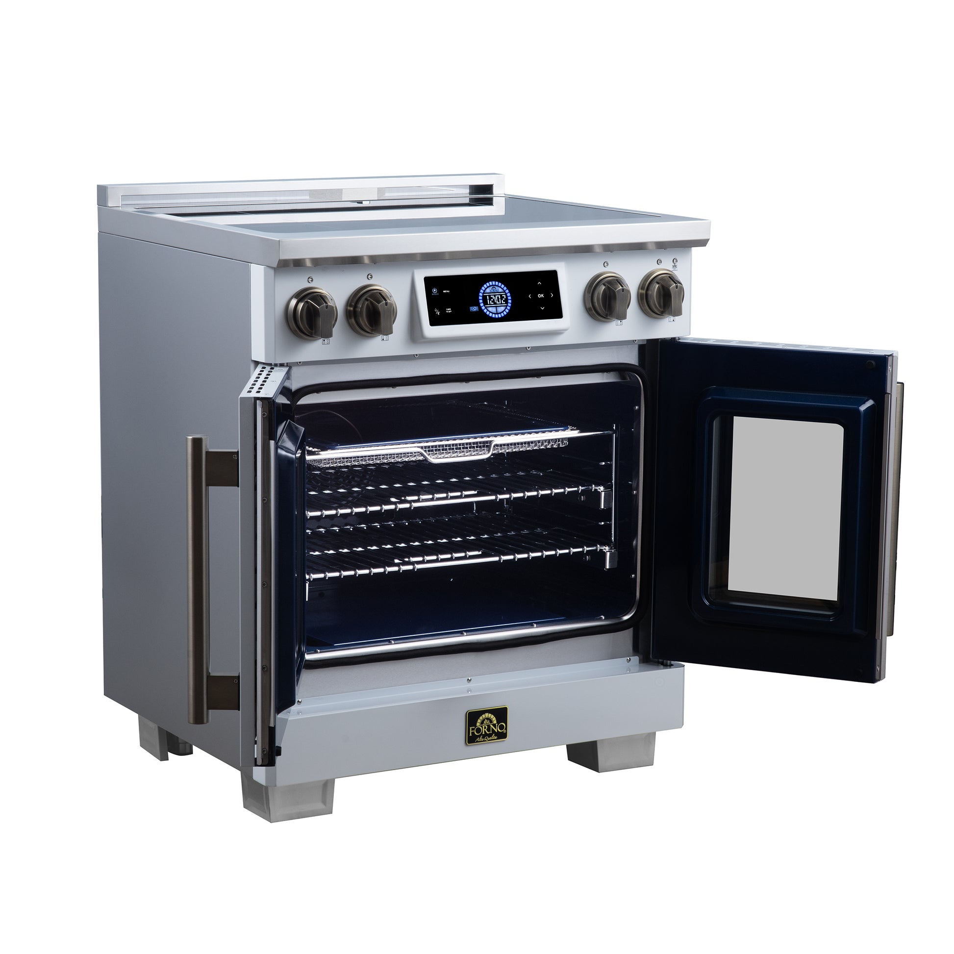 Maximus 30-Inch Induction range, French Door, 4 Cooking Zones, 4.32 cf. Convection Oven, Air Sous Vide, Air Fry Basket, White - Forno Appliances