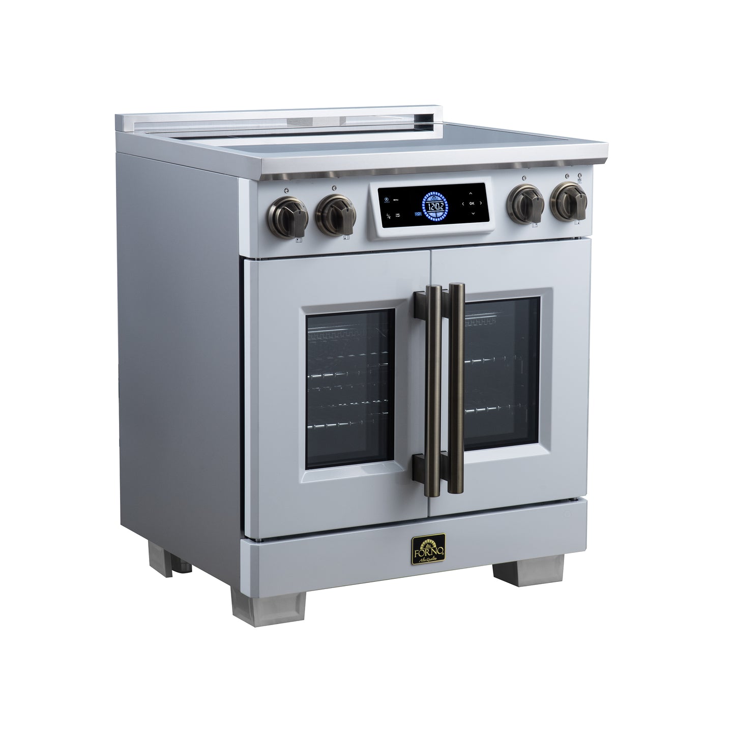Maximus 30-Inch Induction range, French Door, 4 Cooking Zones, 4.32 cf. Convection Oven, Air Sous Vide, Air Fry Basket, White - Forno Appliances