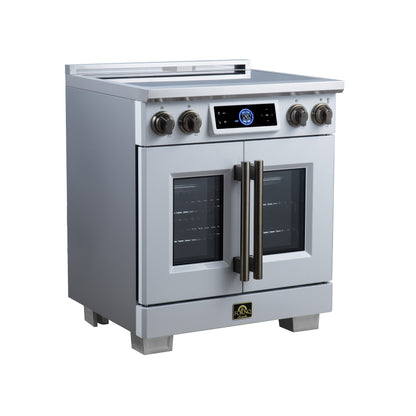 Maximus 30-Inch Induction range, French Door, 4 Cooking Zones, 4.32 cf. Convection Oven, Air Sous Vide, Air Fry Basket, White - Forno Appliances