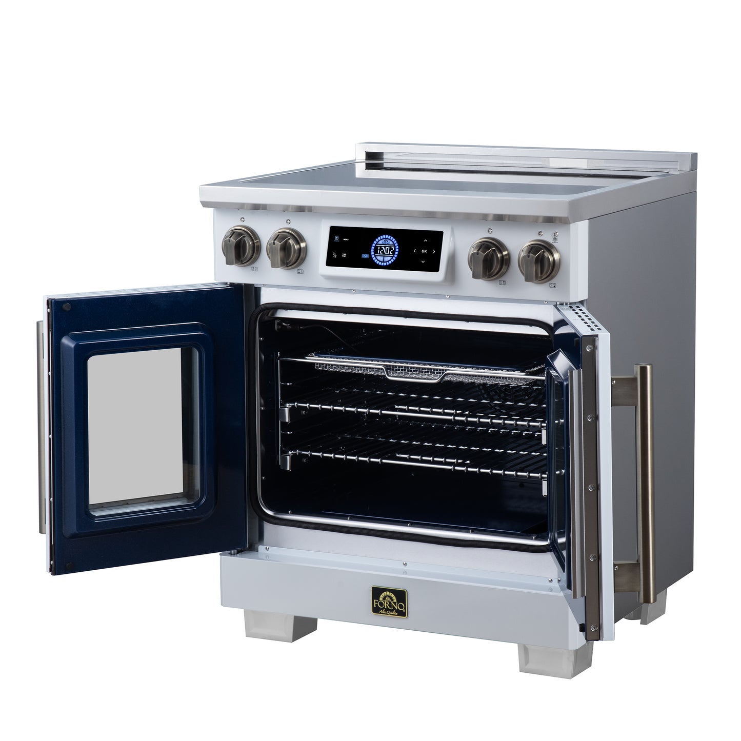 Maximus 30-Inch Induction range, French Door, 4 Cooking Zones, 4.32 cf. Convection Oven, Air Sous Vide, Air Fry Basket, White - Forno Appliances