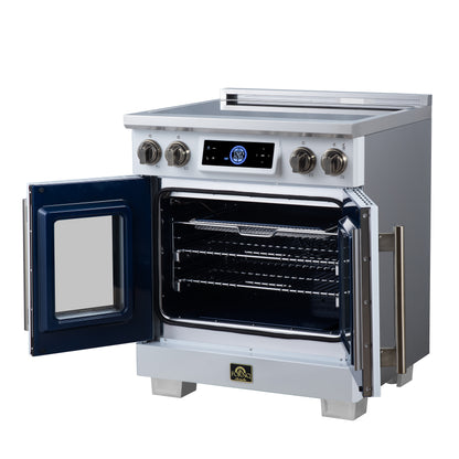 Maximus 30-Inch Induction range, French Door, 4 Cooking Zones, 4.32 cf. Convection Oven, Air Sous Vide, Air Fry Basket, White - Forno Appliances