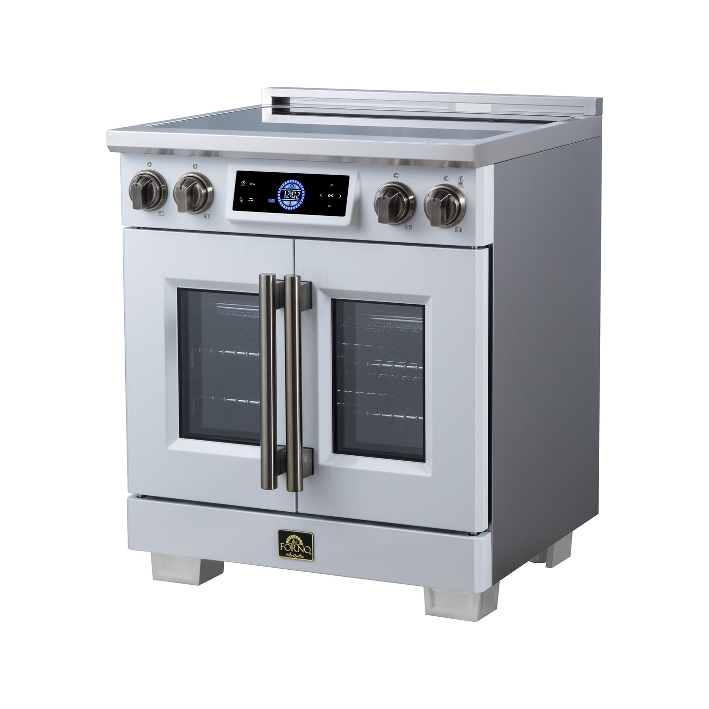 Maximus 30-Inch Induction range, French Door, 4 Cooking Zones, 4.32 cf. Convection Oven, Air Sous Vide, Air Fry Basket, White - Forno Appliances