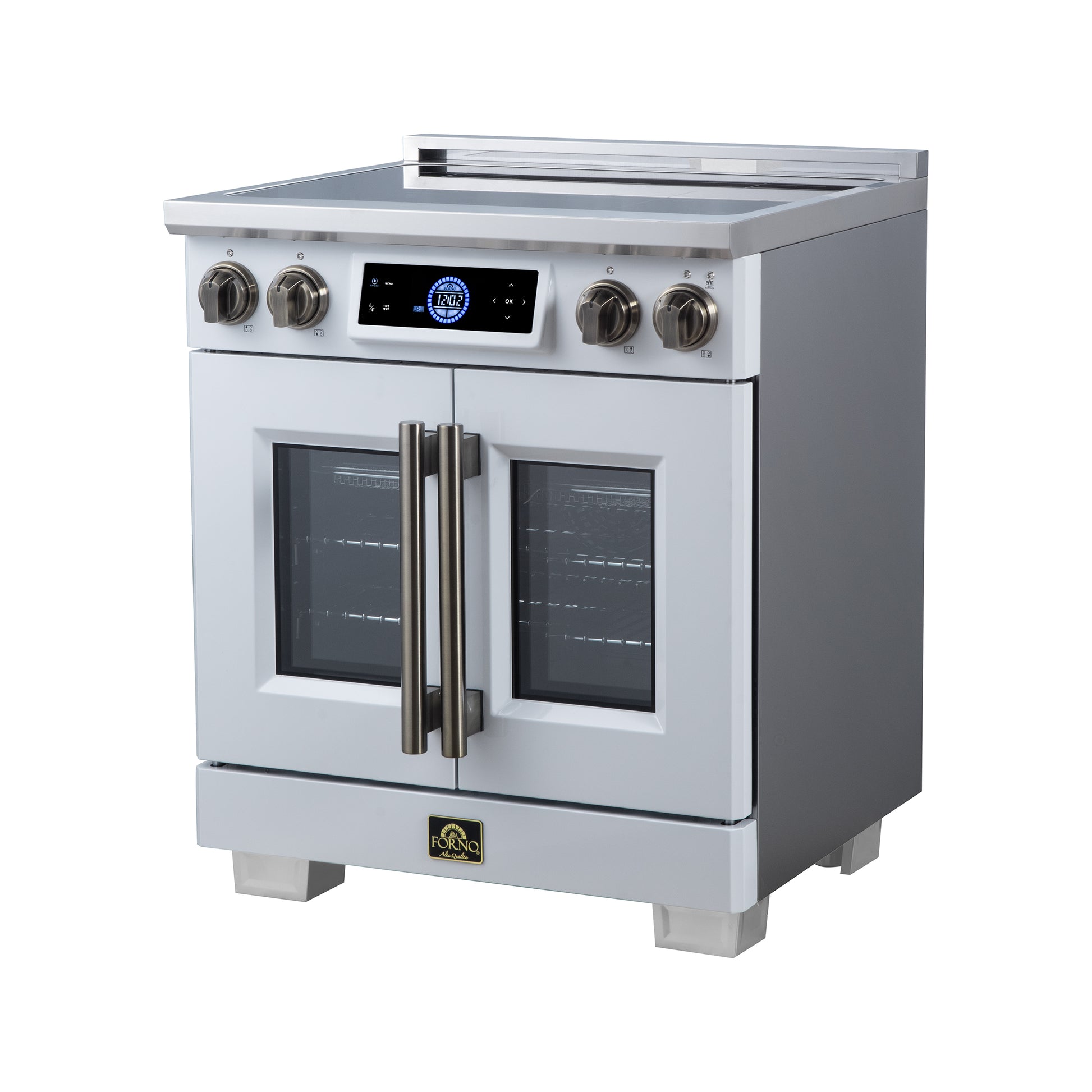 Maximus 30-Inch Induction range, French Door, 4 Cooking Zones, 4.32 cf. Convection Oven, Air Sous Vide, Air Fry Basket, White - Forno Appliances