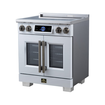 Maximus 30-Inch Induction range, French Door, 4 Cooking Zones, 4.32 cf. Convection Oven, Air Sous Vide, Air Fry Basket, White - Forno Appliances